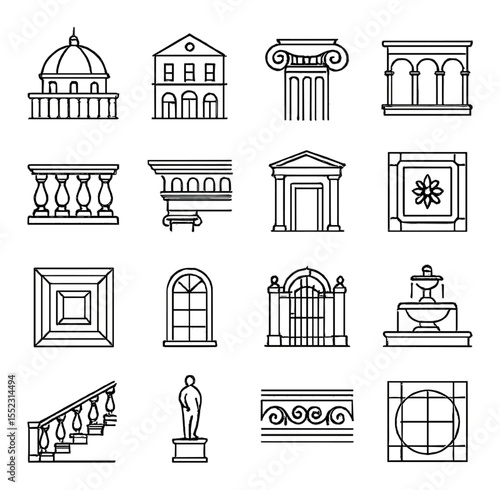 Renaissance architecture icons in minimalistic line art : domed roof, symmetrical façade, Ionic column, arched gallery, balustrade section, sculpted cornice, classical doorway, fresco wall