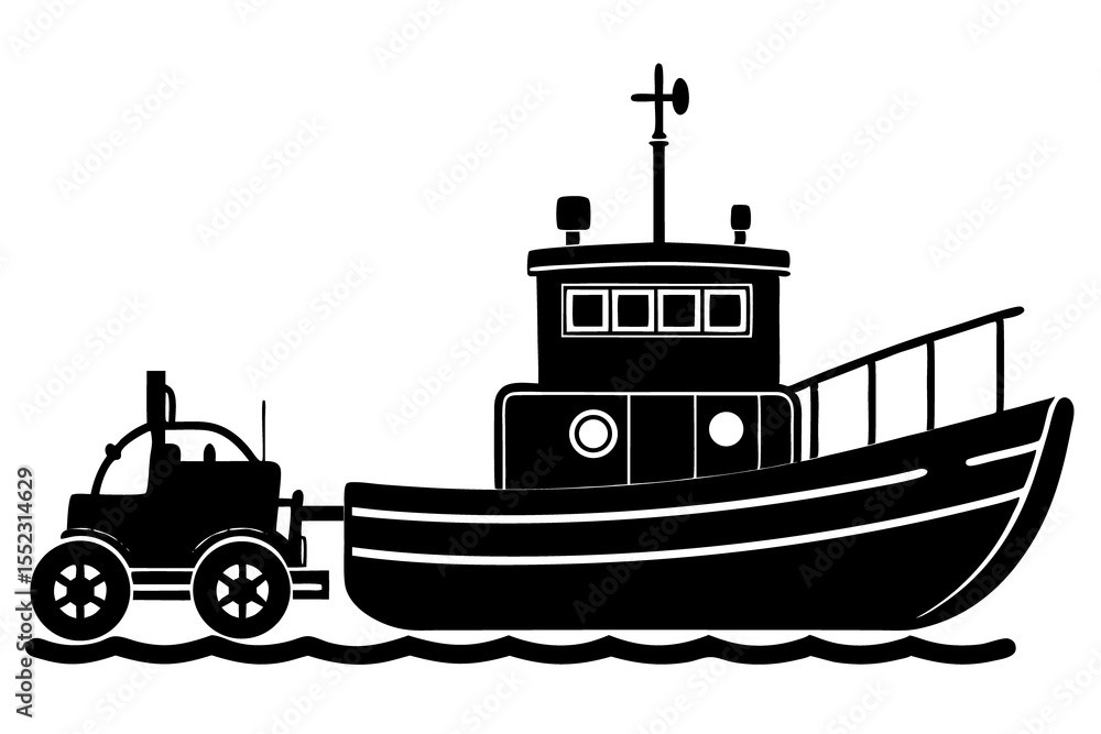 Fototapeta premium Tugboat Towing a Disabled Ship Vector Silhouette
