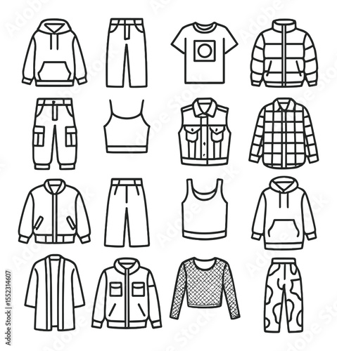 Streetwear outfit pieces icons in minimalistic line art : oversized hoodie, baggy jeans, graphic tee, puffer jacket, cargo pants, cropped top, denim vest, plaid flannel shirt, bomber jacket,