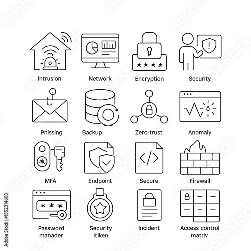 Preventive measures icons in minimalistic line art : intrusion detection system icon, network monitoring dashboard, encryption lock panel, security awareness training, phishing simulation email,