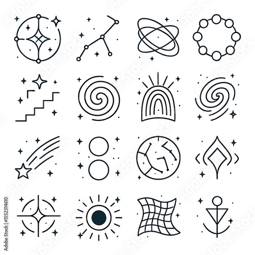 Astral and cosmic spell pages icons in minimalistic line art : star alignment chart, constellation path glyph, time fold diagram, moon phase ring, dream step icon, portal to void swirl, light