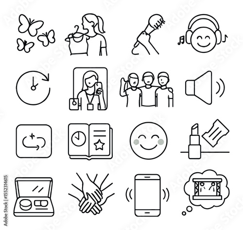 Pre-concert excitement icons in minimalistic line art : butterflies icon, outfit try-on moment, hairbrush microphone, jam session with headphones, playlist loop symbol, mirror selfie with badge,