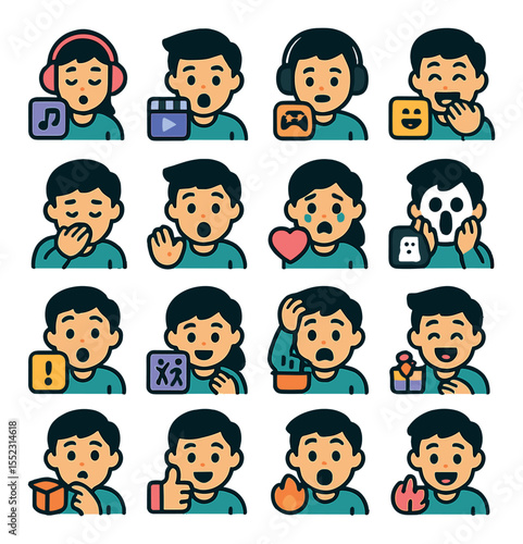 Types of content reactions icons in modern flat vector in minimalistic vibrant color design: reacting to music video, reacting to movie scene, reacting to game clip, reacting to meme