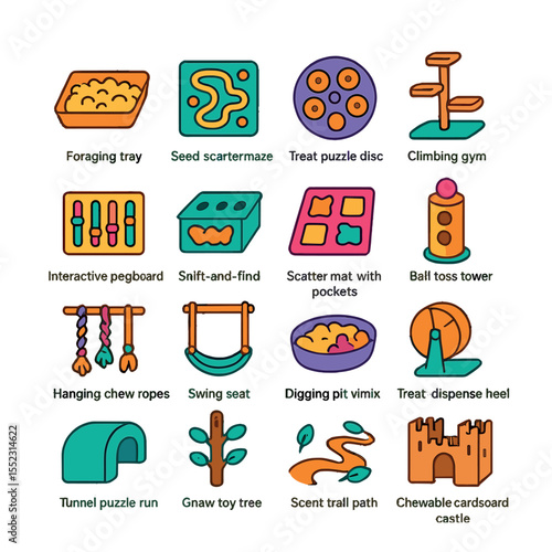 Activity enrichment stations icons in modern flat vector in minimalistic vibrant color design: foraging tray, seed scatter maze, treat puzzle disc, climbing gym stand, interactive peg board,