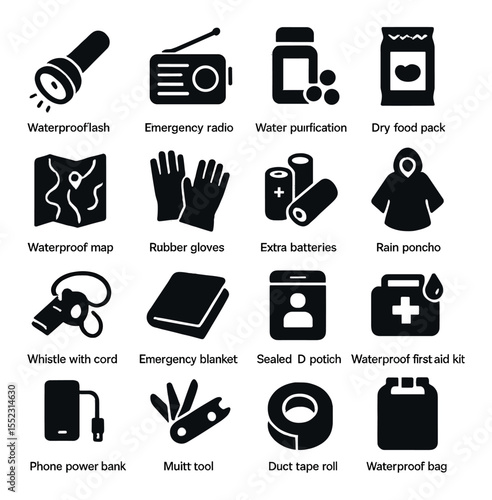 Flood emergency kit items icons in silhouette solid black-filled shapes with clean, simple : waterproof flashlight, emergency radio, water purification tablets, dry food pack, waterproof map,