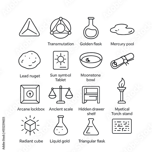 Philosopher’s lab components icons in minimalistic line art : philosopher’s stone, transmutation circle, golden flask, mercury pool, lead nugget, sun symbol tablet, moonstone bowl, sealed