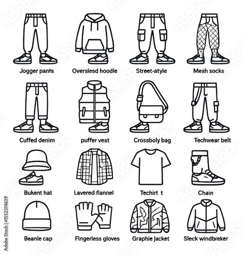 Streetwear sneaker pairings icons in minimalistic line art : jogger pants, oversized hoodie, street- cargo pants, mesh socks, cuffed denim, puffer vest, crossbody bag, techwear belt, bucket hat,