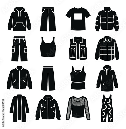 Streetwear outfit pieces icons in silhouette solid black-filled shapes with clean, simple : oversized hoodie, baggy jeans, graphic tee, puffer jacket, cargo pants, cropped top, denim vest,