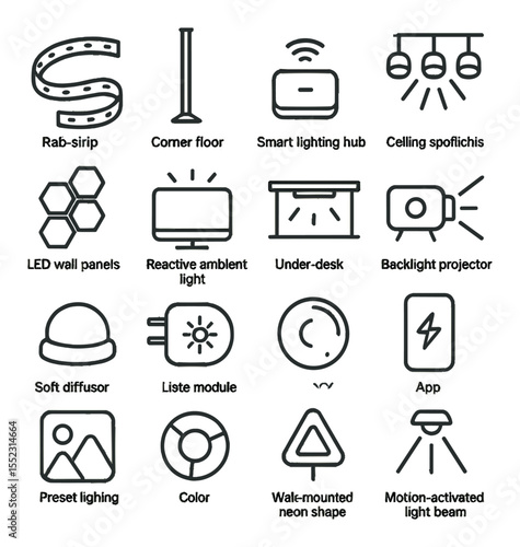 Immersive lighting setup icons in minimalistic line art : RGB strip lights, corner floor lamp, smart lighting hub, ceiling spotlights, LED wall panels, reactive ambient lights, under-desk glow