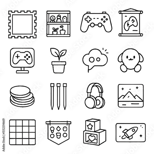 Gaming decor and personalization icons in minimalistic line art : pixel art frame, mini figurine shelf, wall-mounted controller rack, game poster scroll, LED game sign, desk plant for balance,