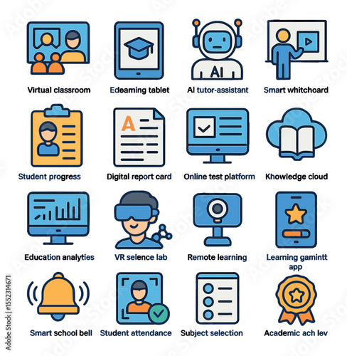 Smart education icons in modern flat vector in minimalistic vibrant color design: virtual classroom, e-learning tablet, AI tutor assistant, smart whiteboard, student progress tracker, digital