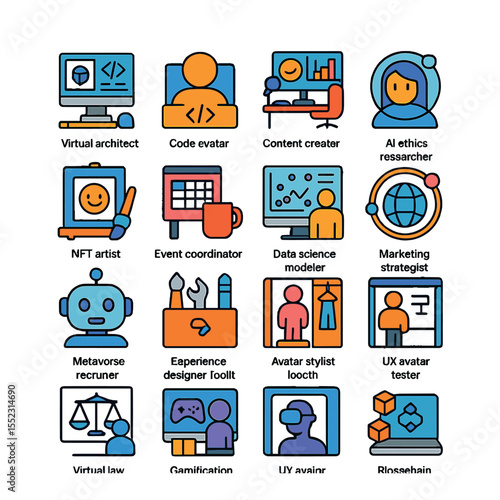 Metaverse career paths icons in modern flat vector in minimalistic vibrant color design: virtual architect station, code dev avatar rig, content creator platform, crypto analyst board, NFT