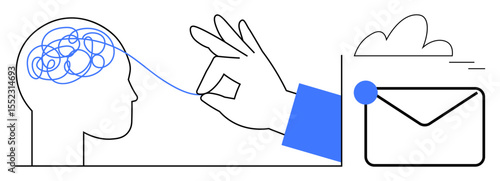 Hand untangling chaotic brain lines and guiding them into an envelope with a cloud backdrop. Ideal for problem solving, communication, creativity, clarity, mental health, innovation, simple flat