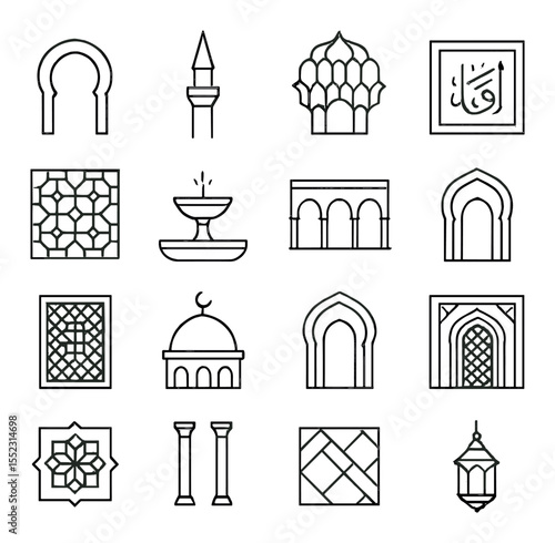 Islamic architecture icons in minimalistic line art : horseshoe arch, pointed minaret, muqarnas dome, calligraphy wall tile, geometric window grill, fountain basin, inner courtyard, arch