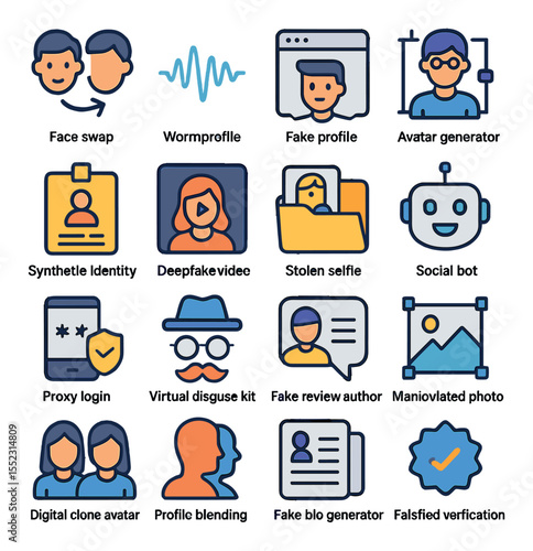 Digital impersonation tools icons in modern flat vector in minimalistic vibrant color design: face swap icon, voice mimic waveform, fake profile builder, avatar generator, synthetic identity