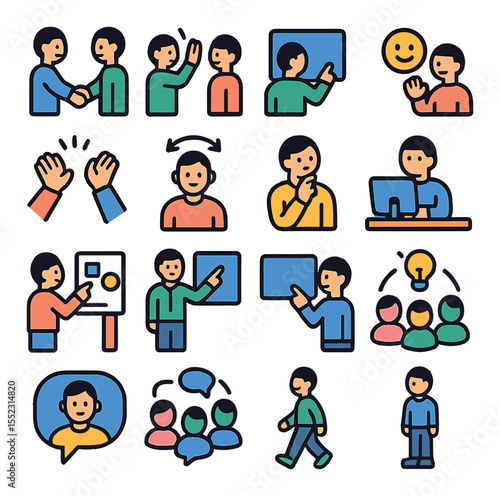 Avatar interactions icons in modern flat vector in minimalistic vibrant color design: avatar handshake, high-five animation, shared screen gesture, emoji expression wave, applause icon, nodding
