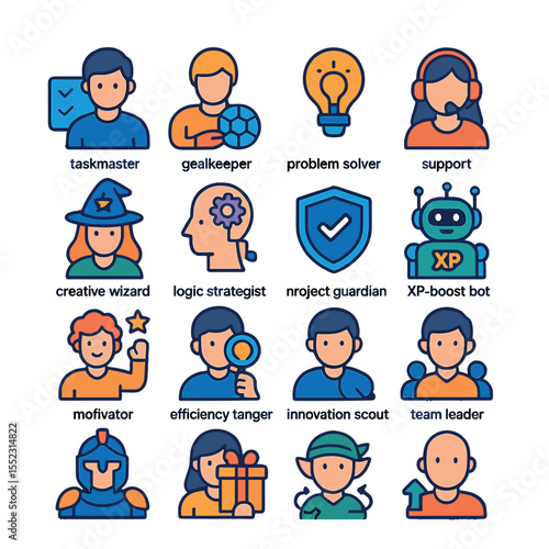 Work avatars and roles icons in modern flat vector in minimalistic vibrant color design: taskmaster avatar, goalkeeper avatar, problem-solver badge, support role icon, creative wizard avatar,