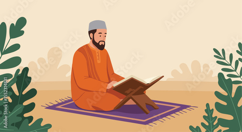 Muslim Man Reading Quran on Prayer Mat