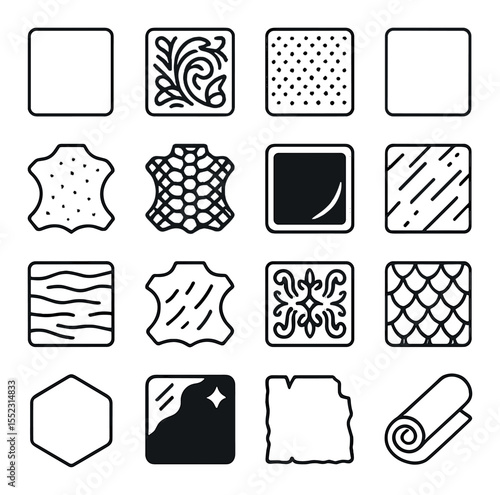 Leather types and textures icons in minimalistic line art : smooth veg-tan piece, embossed floral pattern, pebbled leather sheet, suede square, dyed full grain hide, snakeskin texture, glossy
