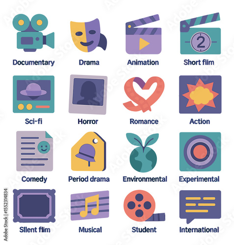 Genres and screenings icons in modern flat vector in minimalistic vibrant color design: documentary projector, indie drama mask, animation still board, short film countdown, sci-fi concept