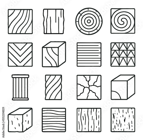 Wood textures and cuts icons in minimalistic line art : smooth grain slice, bark-edged slab, crosscut disc, spiral pattern carving, geometric groove test, deep relief cut, fine line etch, chip