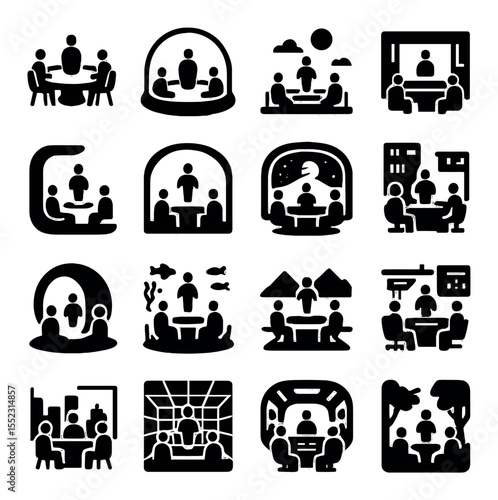 Hologram meeting environments icons in silhouette solid black-filled shapes with clean, simple : floating roundtable setup, glass dome meeting room, rooftop projection hub, digital studio