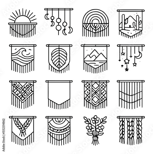 Themed macramé decor icons in minimalistic line art : boho sunburst panel, lunar phase curtain, rainbow pastel wall piece, desert cactus design, ocean wave knots, forest leaf panel, mountain