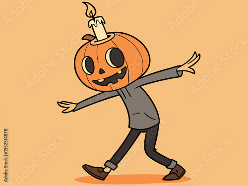 Spooky yet cheerful jack o lantern character standing with arms outstretched on warm orange background