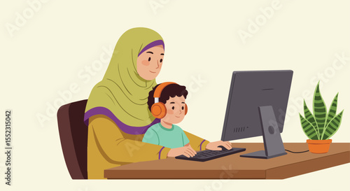 Muslim Mother Teaching Her Son with Computer at Home