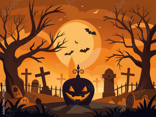 Haunted graveyard with glowing jack o lantern bare trees bats and moody orange background