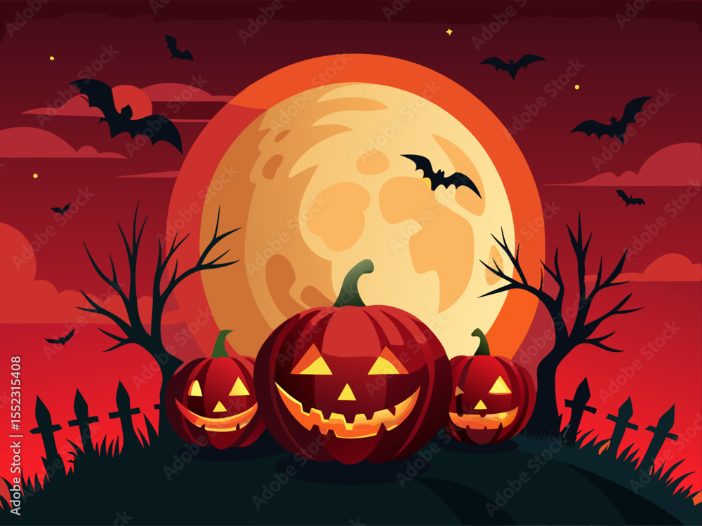 Halloween night scene featuring glowing pumpkins mischievous faces bats and red full moon Halloween night scene featuring glowing pumpkins mischievous faces bats and red full moon