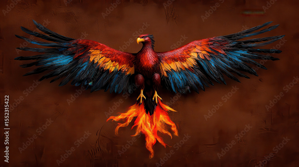 Obraz premium Colorful Phoenix with Fiery Tail against Brown Background