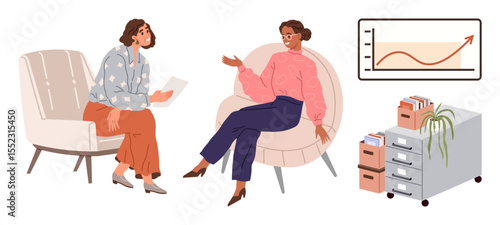 Two women seated, one presenting papers, others gesturing background includes growth chart, filing cabinet. Ideal for business communication, mentorship, strategy, collaboration, teamwork