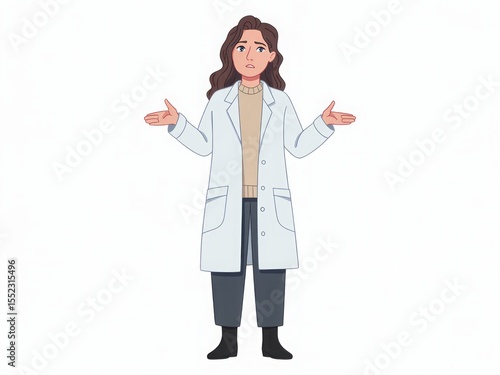 Female doctor in lab coat expressing confusion with open arms