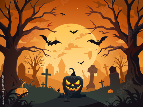 Dark moody Halloween graveyard illustration with bats silhouetted trees and glowing