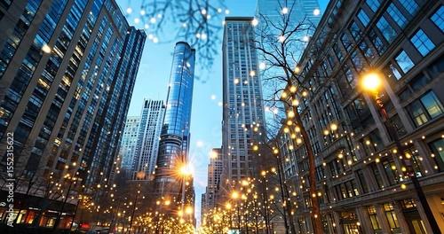Low angle perspective of a city street at dusk illuminated by warm street lights and string lights against a backdrop of tall buildings and a slightly blue twilight sky video