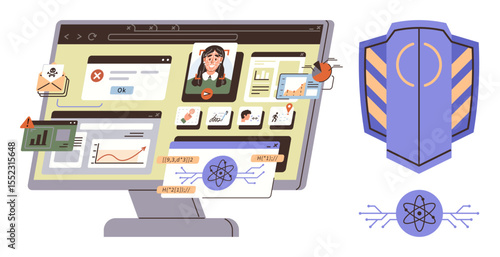 Computer screen displaying files, statistics, alerts, and a user interface, coupled with protection shield graphic. Ideal for cybersecurity, data safety, online protection, hacking prevention IT