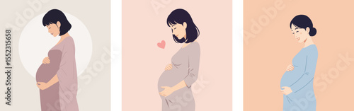Pregnant Japanese woman hugging belly, vector, icons set / お腹を抱きしめる妊娠中の日本人女性、ベクター、アイコンセット