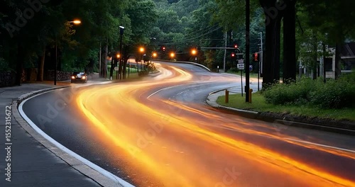 Video of illuminated vehicle trails on winding road at dusk with glowing streetlights and tree-lined background