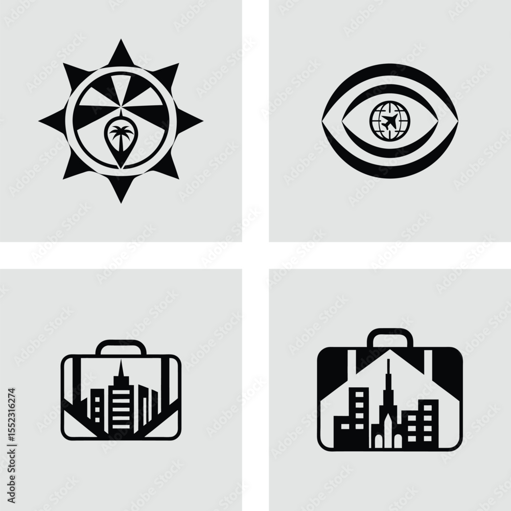 Obraz premium Travel Icons Sun, Eye, Cityscape Suitcase - Logo Design Concepts