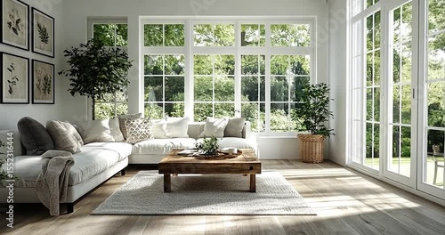 Bright living room interior with large windows white sofas wooden coffee table and greenery Natural sunlight illuminates the space creating a peaceful atmosphere