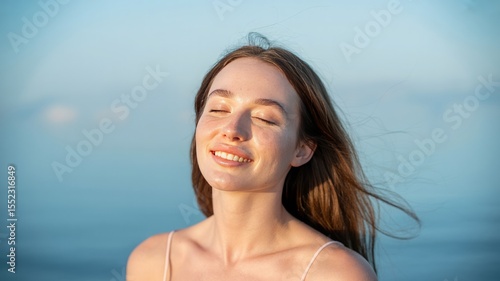 Smiling woman enjoys the sunlight with eyes closed by the sea