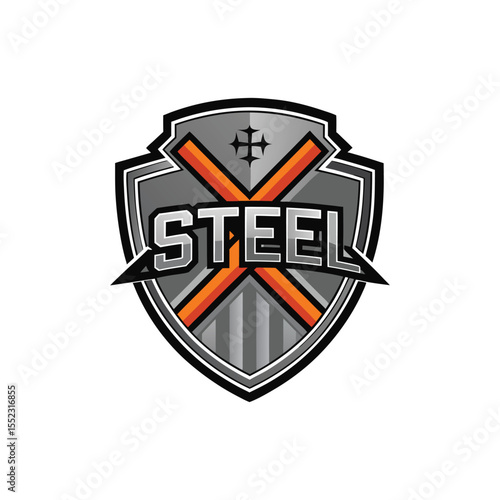 Steel shield logo with crossbar and initials – modern emblem design for security, protection, strong branding, armor-inspired badge for business, esports, or military logo identity

