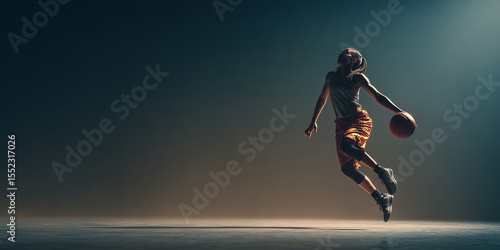 Female basketball player jumping and dribbling ball in dark arena  
