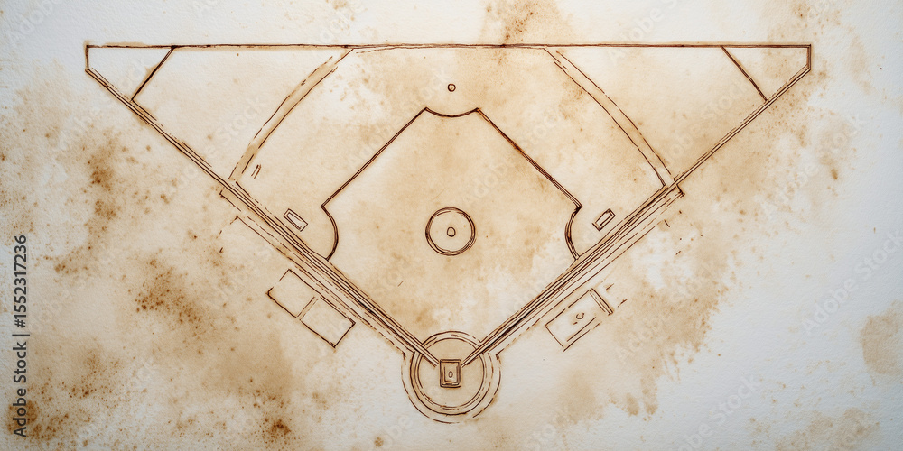 Fototapeta premium Baseball field layout retro sketch on textured brown background 