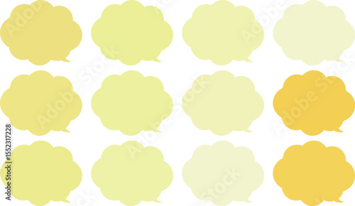 All the bubbles have a distinctive, rounded, cloud-like, or scalloped edge design. This vector image features twelve speech bubbles.　Yellow and orange color.