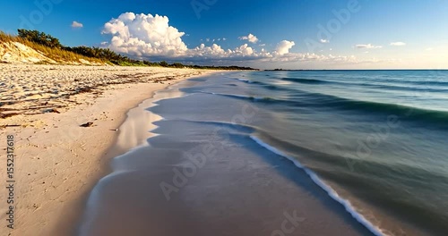 Coastal video with golden sand, turquoise water, and a clear blue sky. The scene captures a tranquil beach environment with gentle waves and a sunny atmosphere