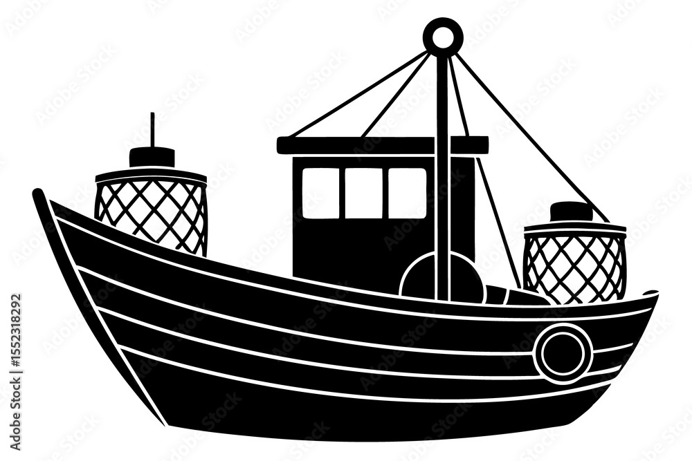 Fishing Dory with Buckets and Nets Vector Silhouette Fishing Dory with Buckets and Nets Vector Silhouette