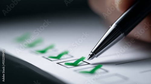 A close-up of a pen marking checkboxes on a paper. The green ticks symbolize completion and success. This image is great for productivity themes and office related content. AI.