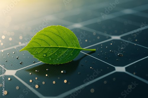 Green Leaf on Reflective Solar Panel Grid Symbolizing Clean Energy.
